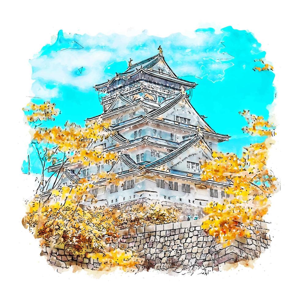 castillo de osaka japón acuarela boceto dibujado a mano ilustración vector