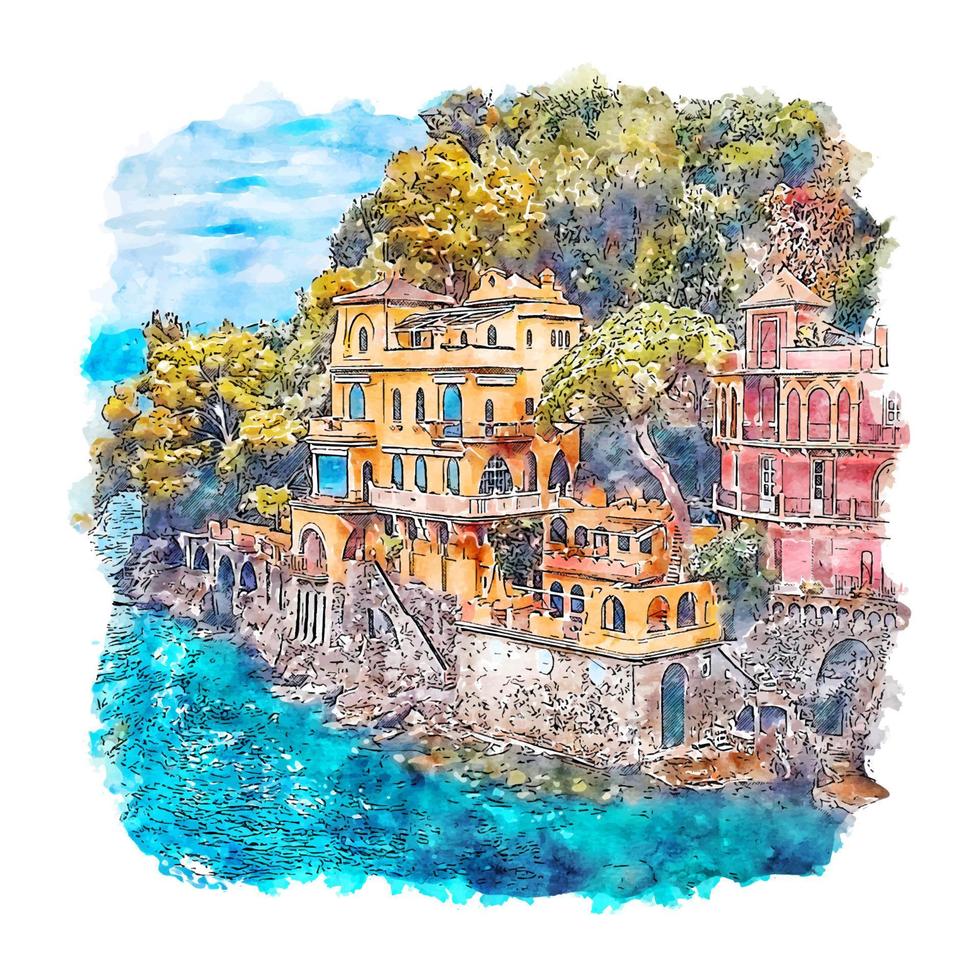 Portofino Italy Watercolor sketch hand drawn illustration vector