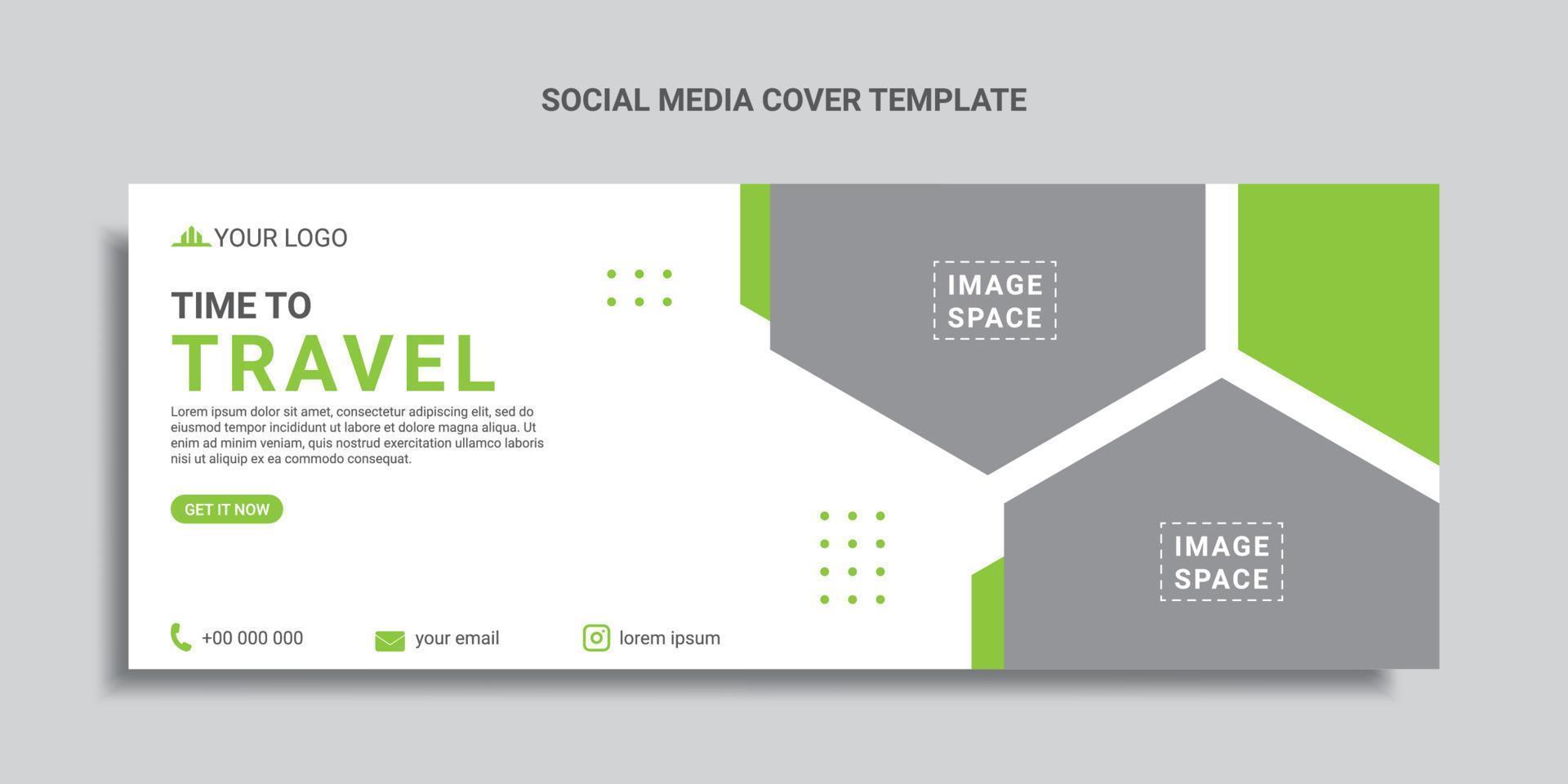 travel social media cover design or web banner with green color hexagon shapes vector
