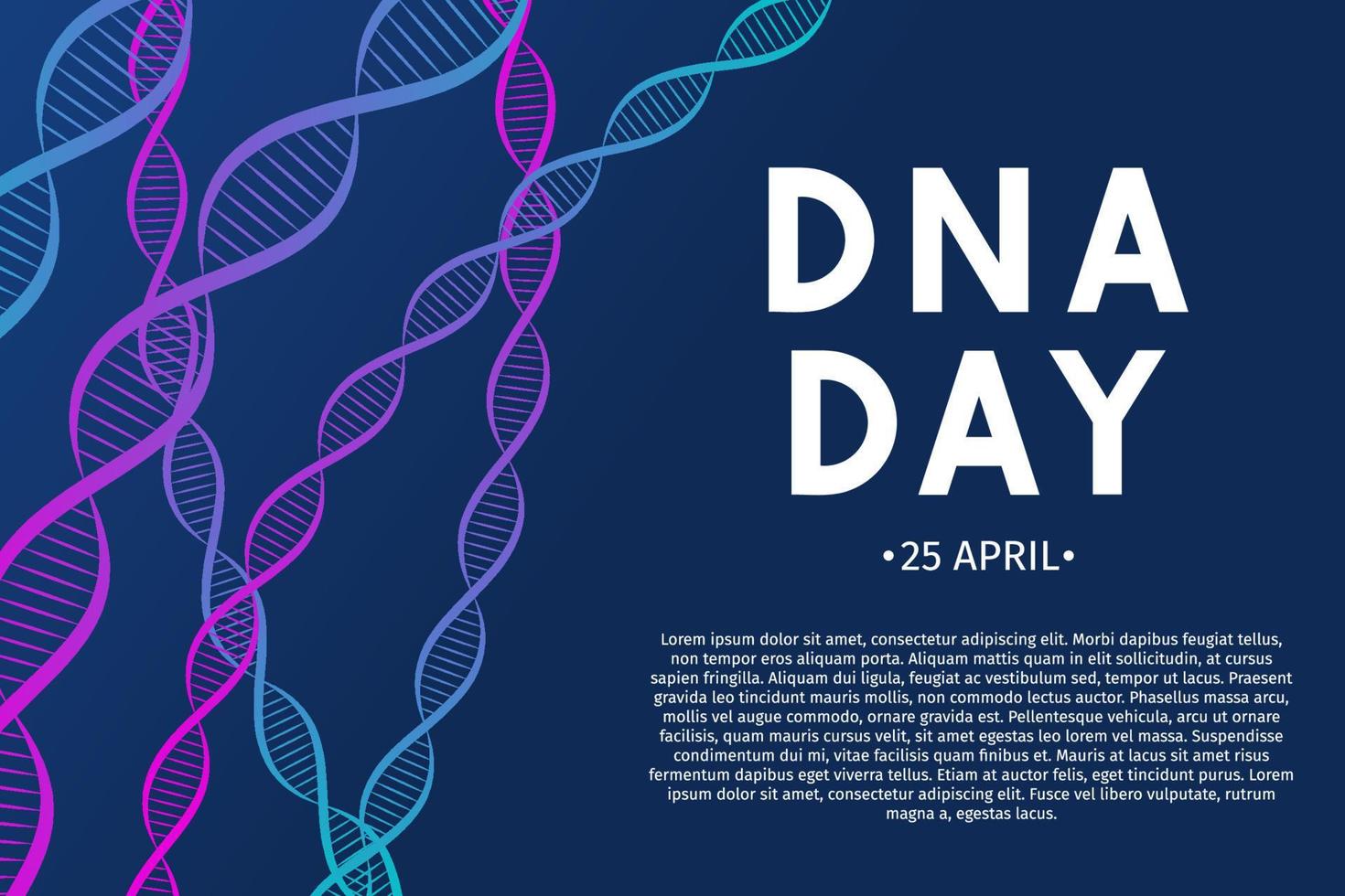 DNA day typography poster. Science  concept vector illustration. Neon helix of human DNA molecule.  Easy to edit template for banner, flyer, brochure, greeting card, etc.