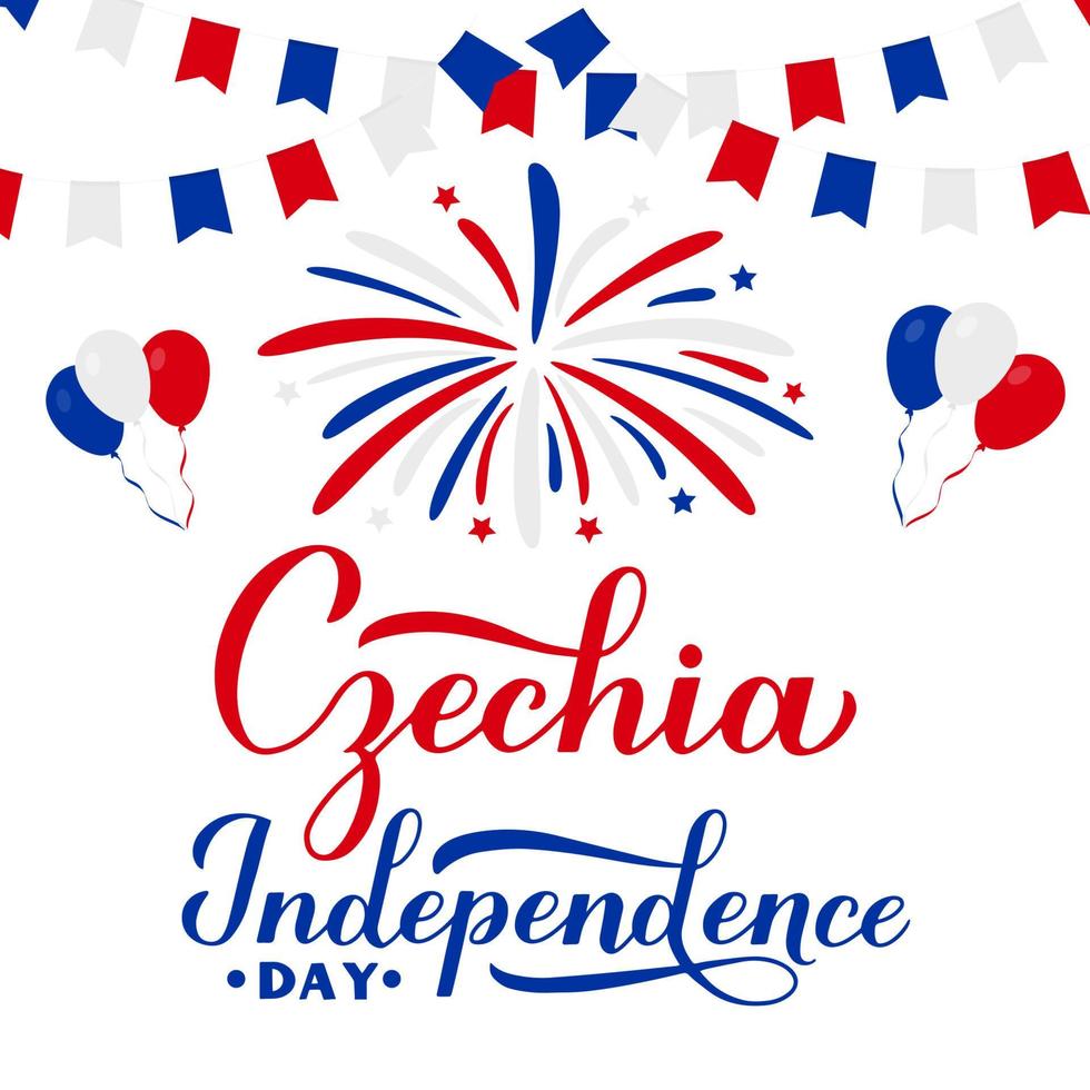 Czechia Independence Day calligraphy hand lettering with flags and fireworks. Czech Republic holiday celebrated on October 28. Vector template for typography poster, banner, greeting card, flyer, etc
