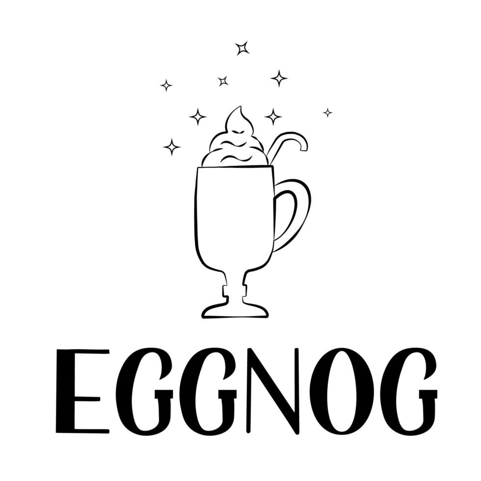 Eggnog hand drawn lettering and glass isolated on white. Christmas drink with holiday mood. Vector template for logo design, banner, typography poster, flyer, sticker, menu for bar, cafe, restaurant.