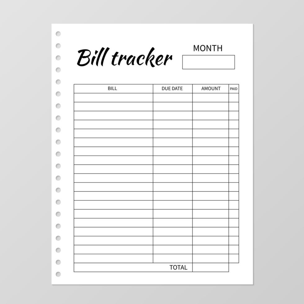 Bill tracker template. Monthly planner. Blank white notebook page isolated on grey. Organizer page. Paper sheet. Stationery for budget planning. Vector illustration