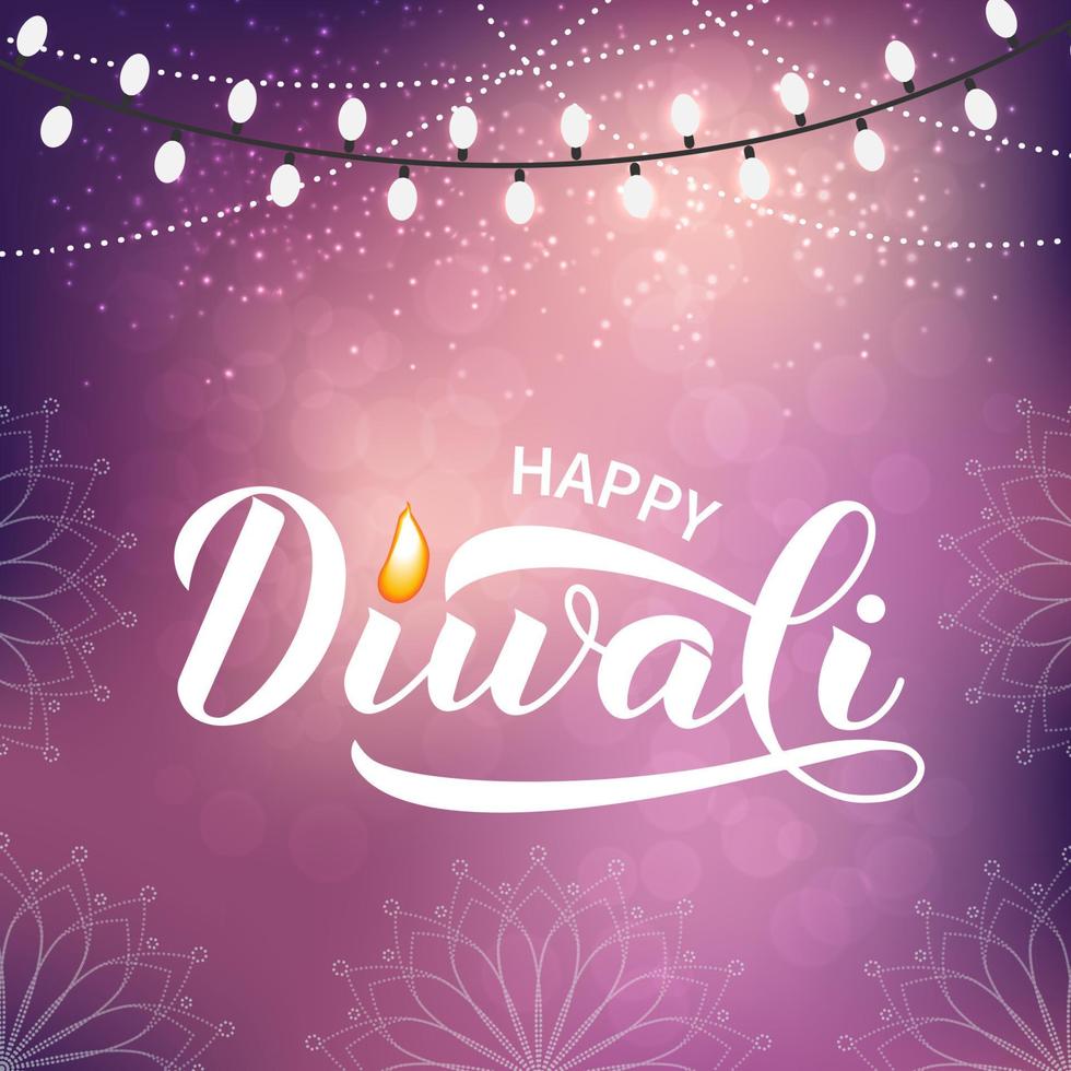 Happy Diwali calligraphy hand lettering with fire. Traditional Hindu festival of lights typography poster. Easy to edit vector template for banner, flyer, sticker, postcard, greeting card.