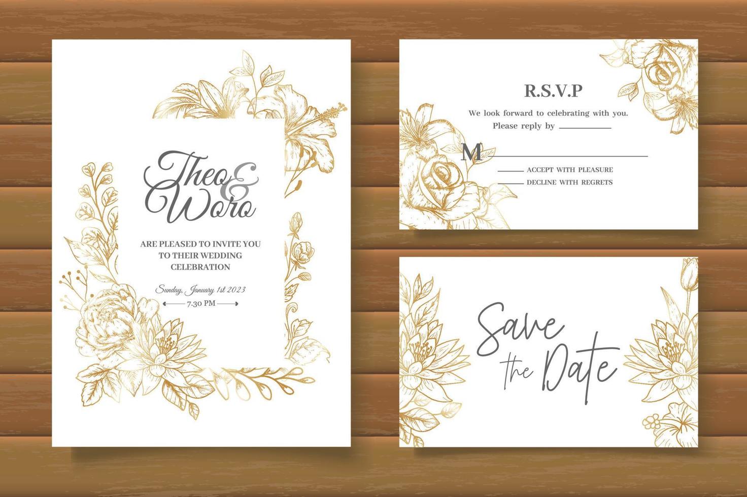 tarjeta de invitación de boda de dibujo a mano alzada con decoración floral dorada vector