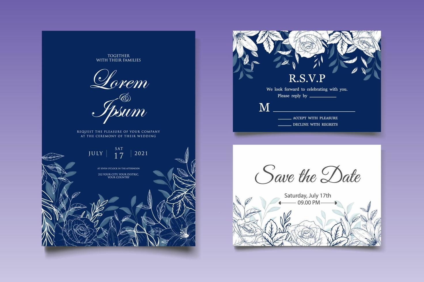 elegante conjunto de tarjetas de invitación de boda floral vintage vector