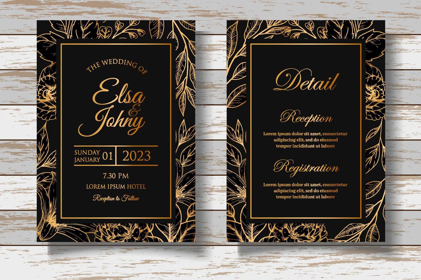 tarjeta de invitación de boda de dibujo a mano alzada con decoración floral dorada vector