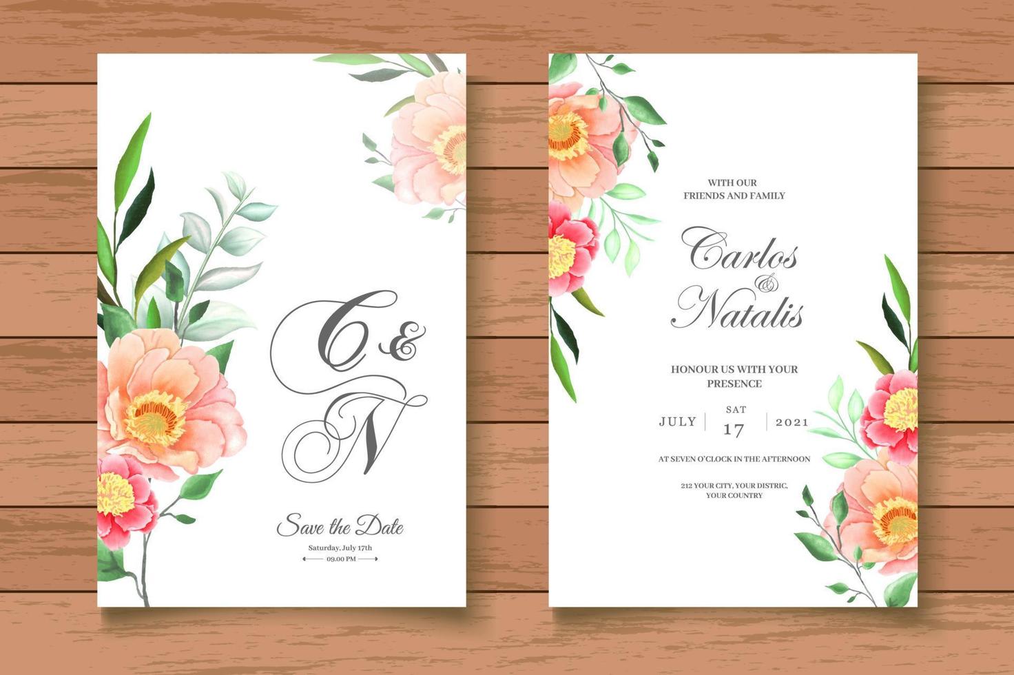 conjunto de tarjeta de invitación de boda floral hermosa acuarela vector