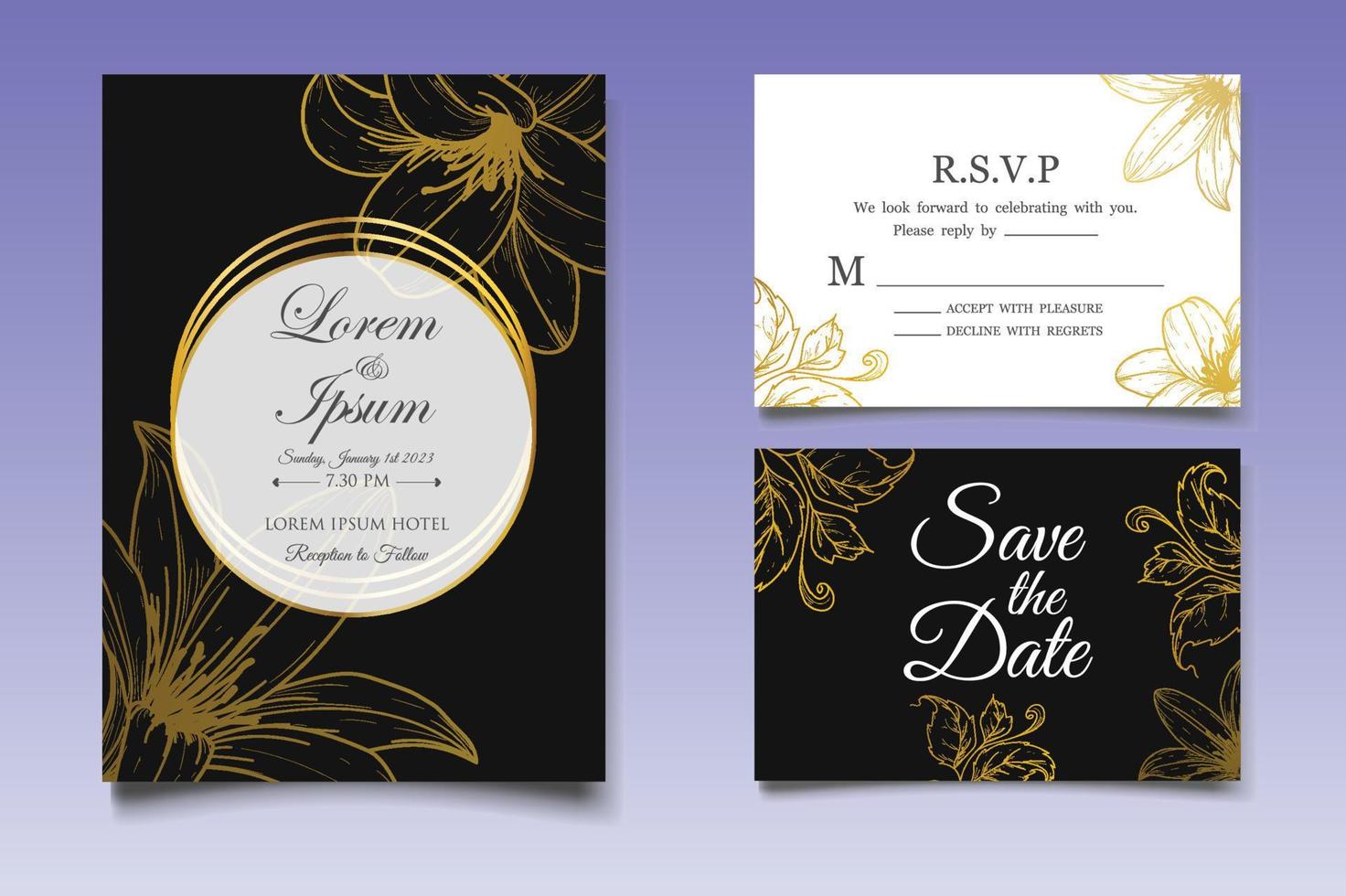 tarjeta de invitación de boda de dibujo a mano alzada con decoración floral dorada vector