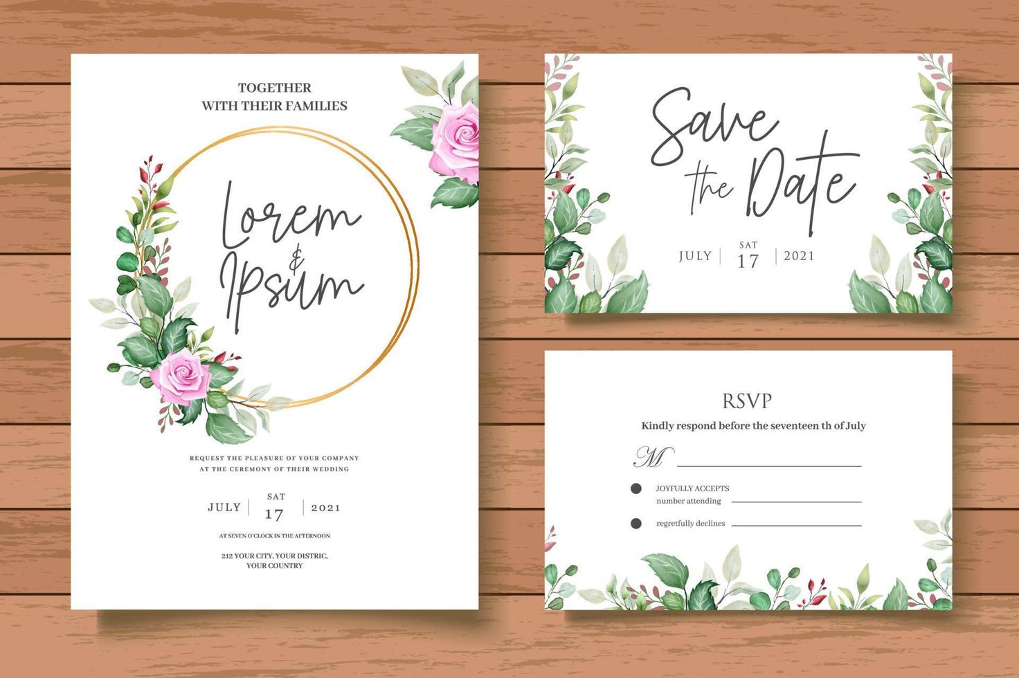 Beautiful Watercolor Floral Wedding Invitation Card Set vector