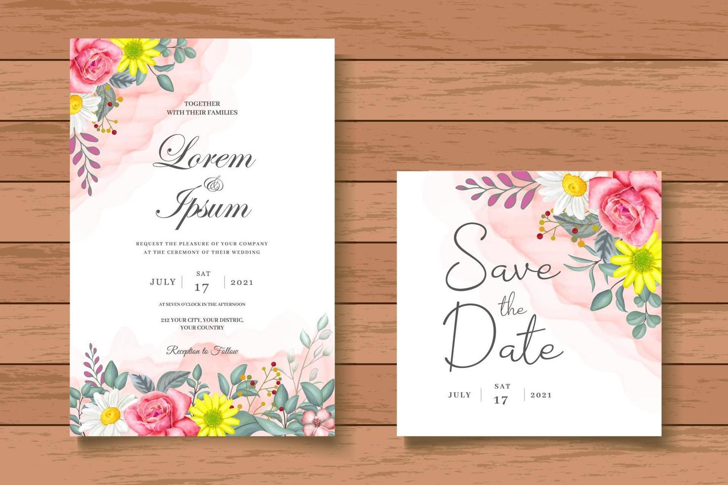 conjunto de tarjeta de invitación de boda floral hermosa acuarela vector