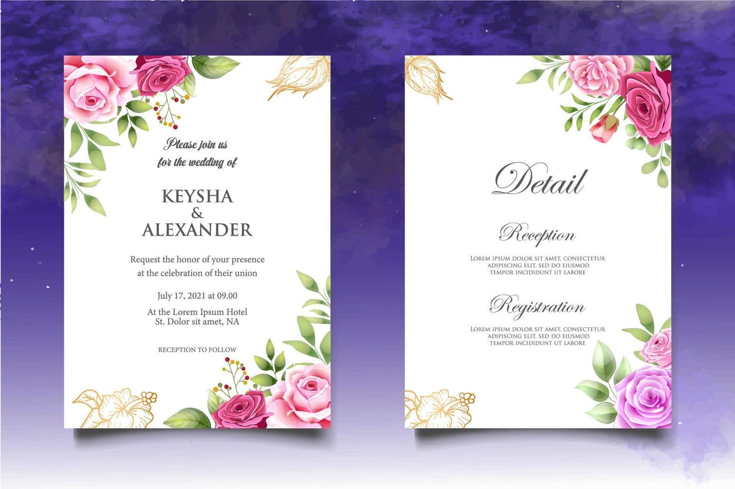 Beautiful Watercolor Floral Wedding Invitation Card Set vector