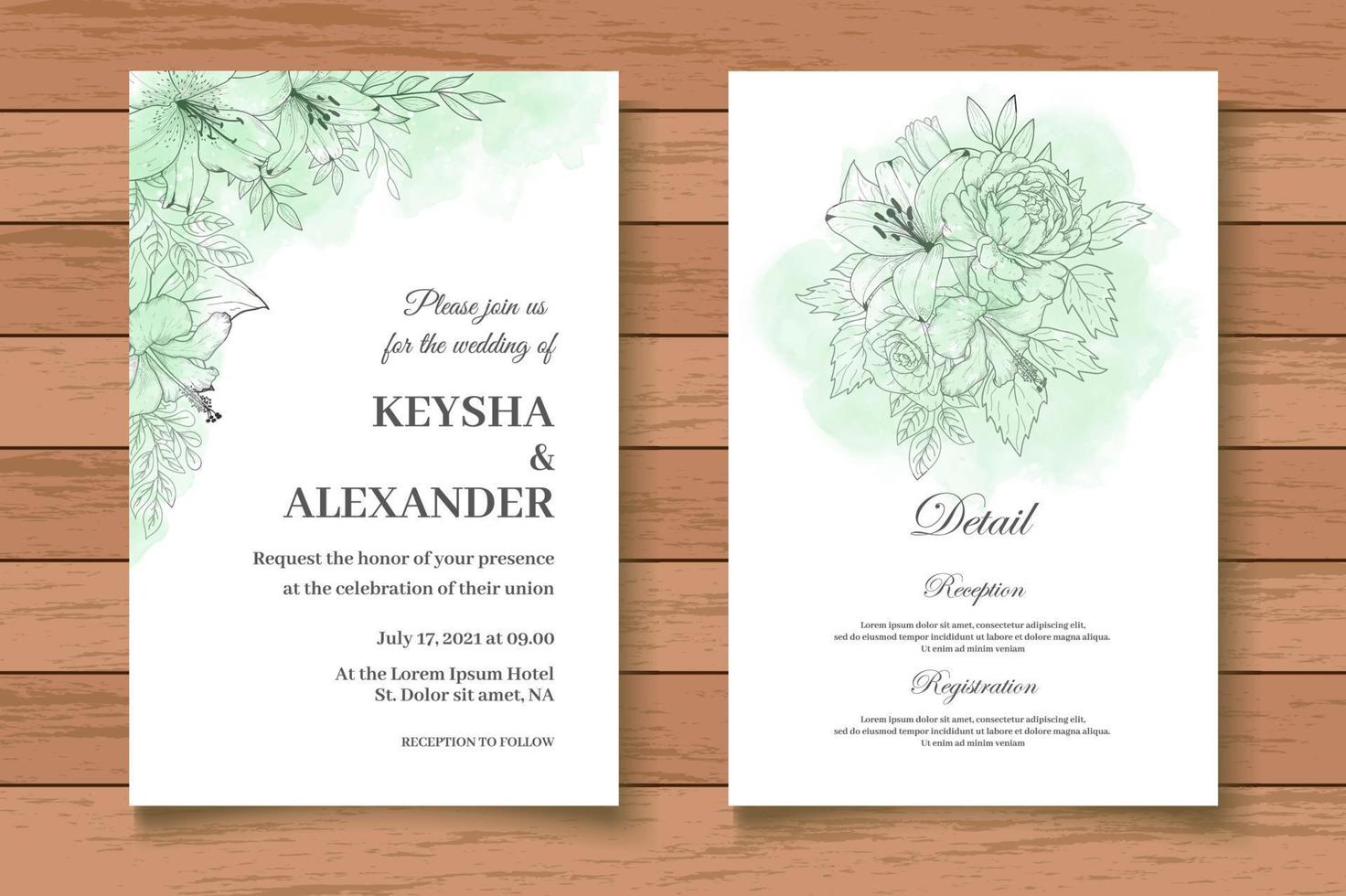 elegante dibujo a mano floral conjunto de tarjetas de invitación de boda vector