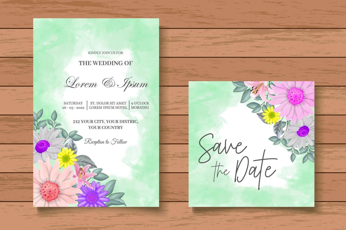 conjunto de tarjeta de invitación de boda floral hermosa acuarela vector
