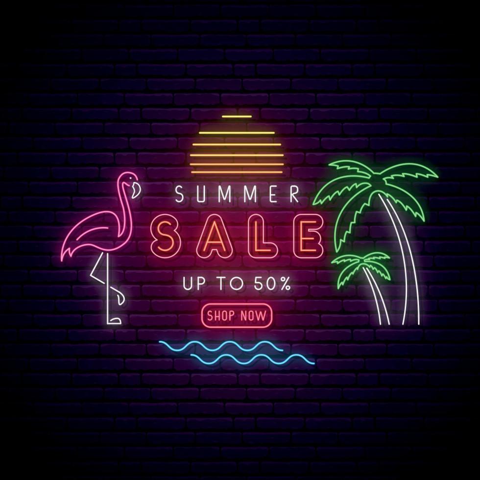 Neon Summer sale signboard. vector