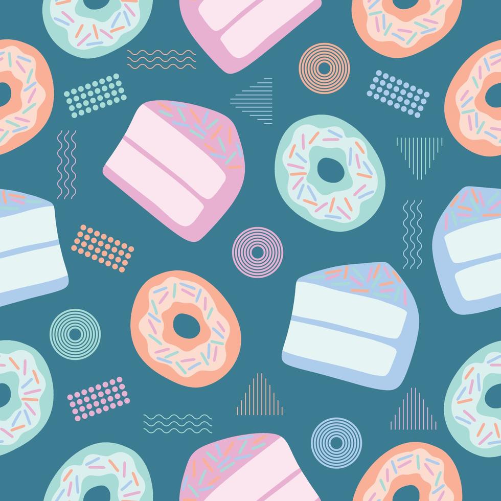Cute chibi sweet foods cakes donuts soft colorful seamless pattern doodle kids baby kawaii cartoon vector