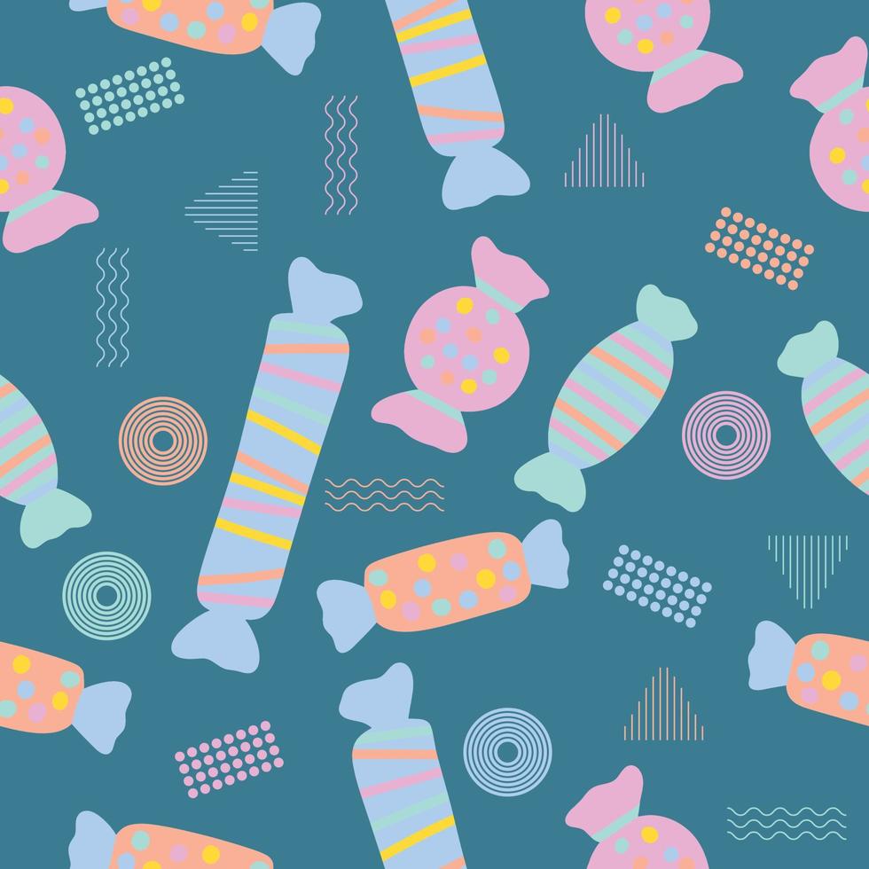 Cute chibi sweet foods candies soft colorful seamless pattern doodle kids baby kawaii cartoon vector