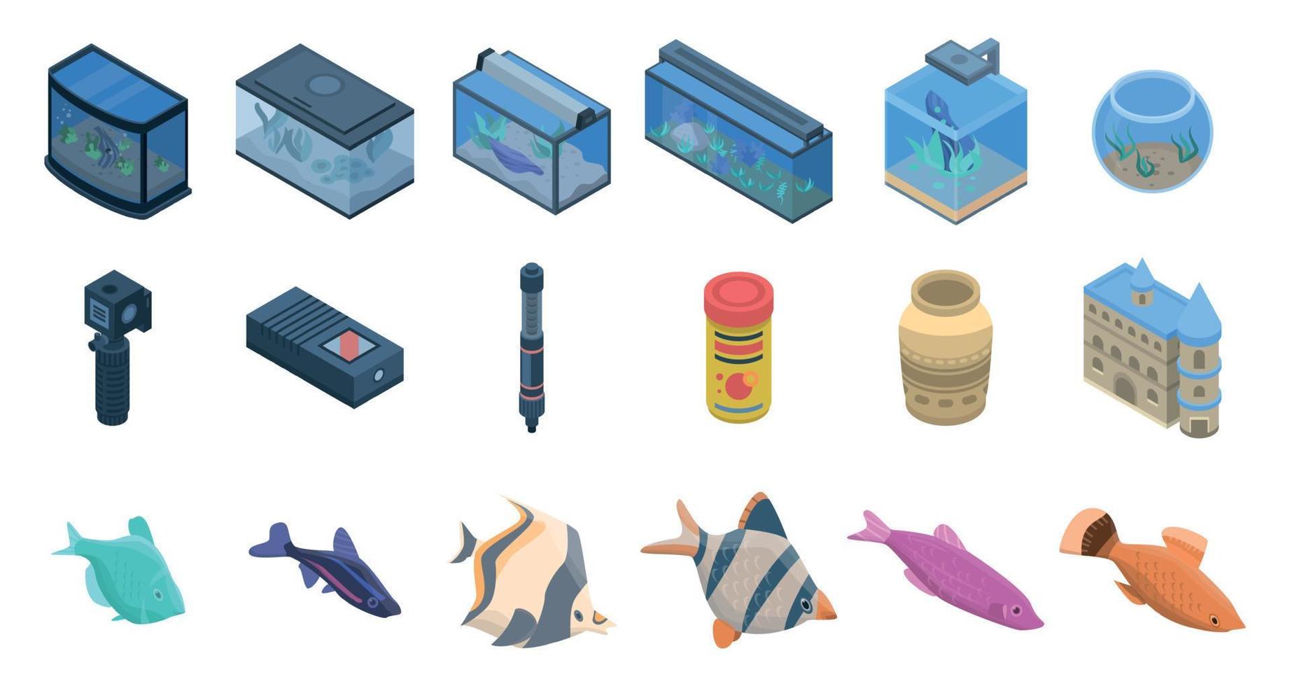 Aquarium icons set, isometric style vector