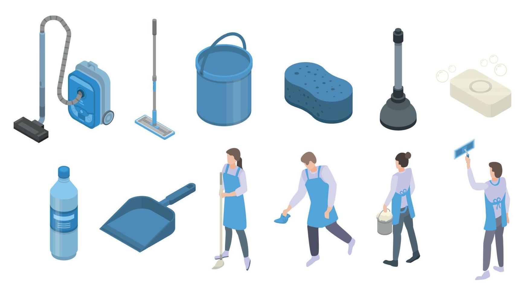 Cleaner equipment icons set, isometric style vector