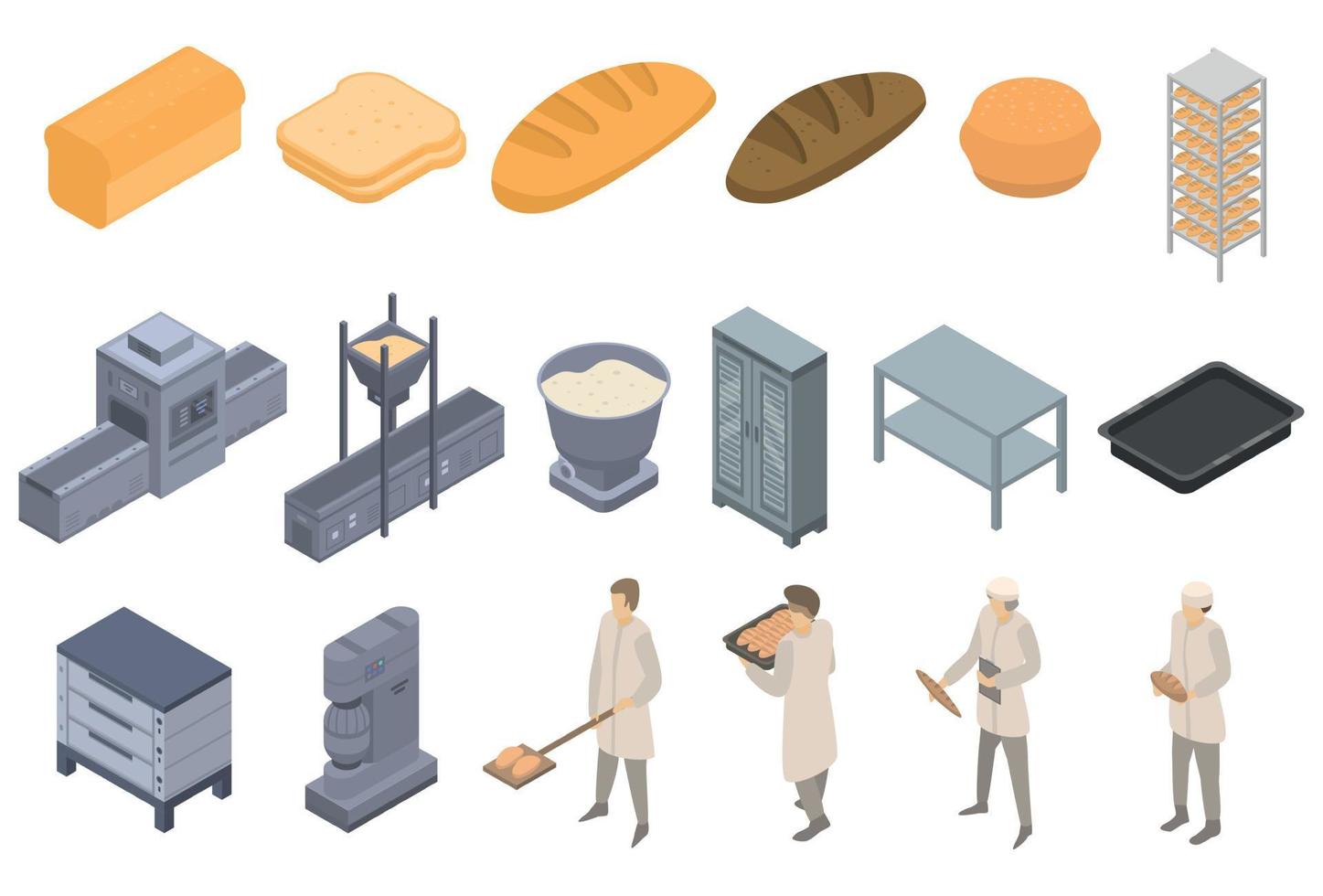 conjunto de iconos de fábrica de panadería, estilo isométrico vector