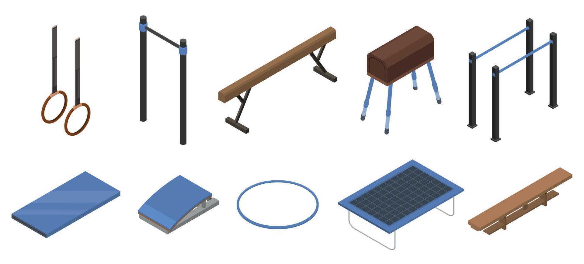 Gymnastics equipment icons set, isometric style vector