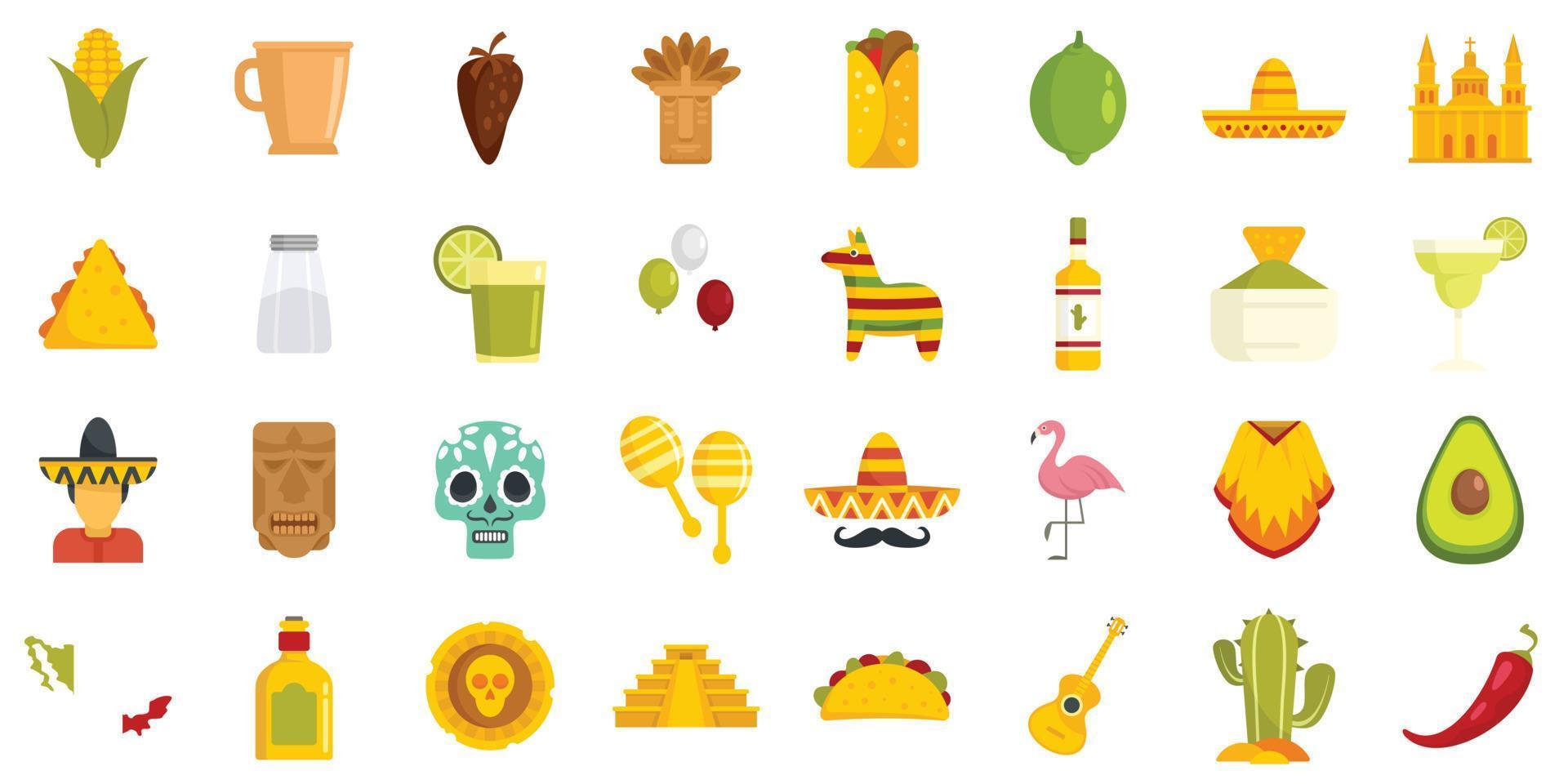 Mexico icons set flat vector isolated
