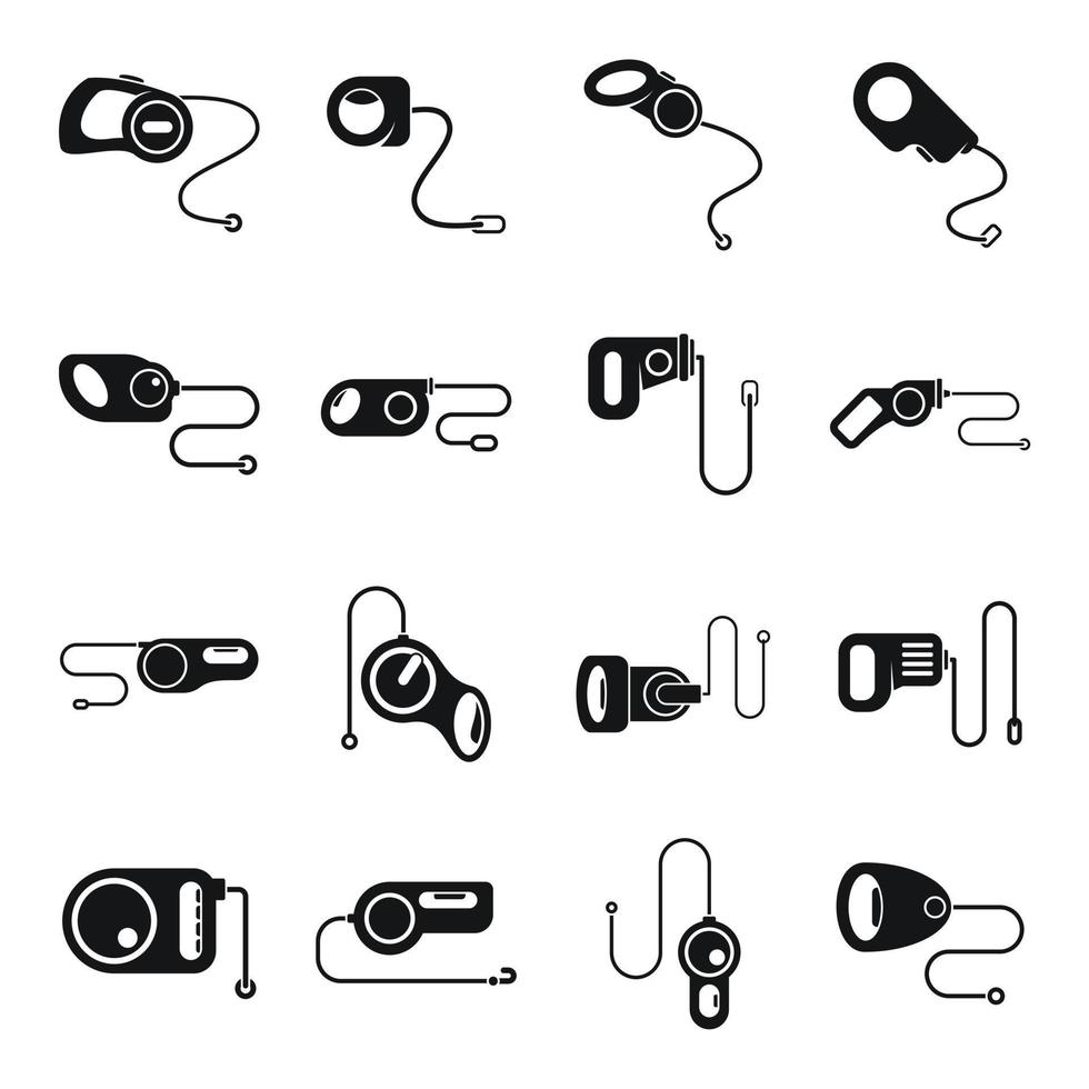 Retractable dog leash icons set simple vector. Animal leather vector