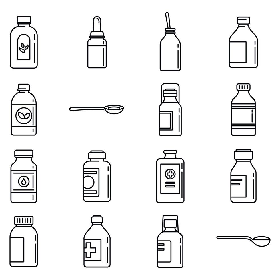 Cough syrup bottle icons set, outline style vector