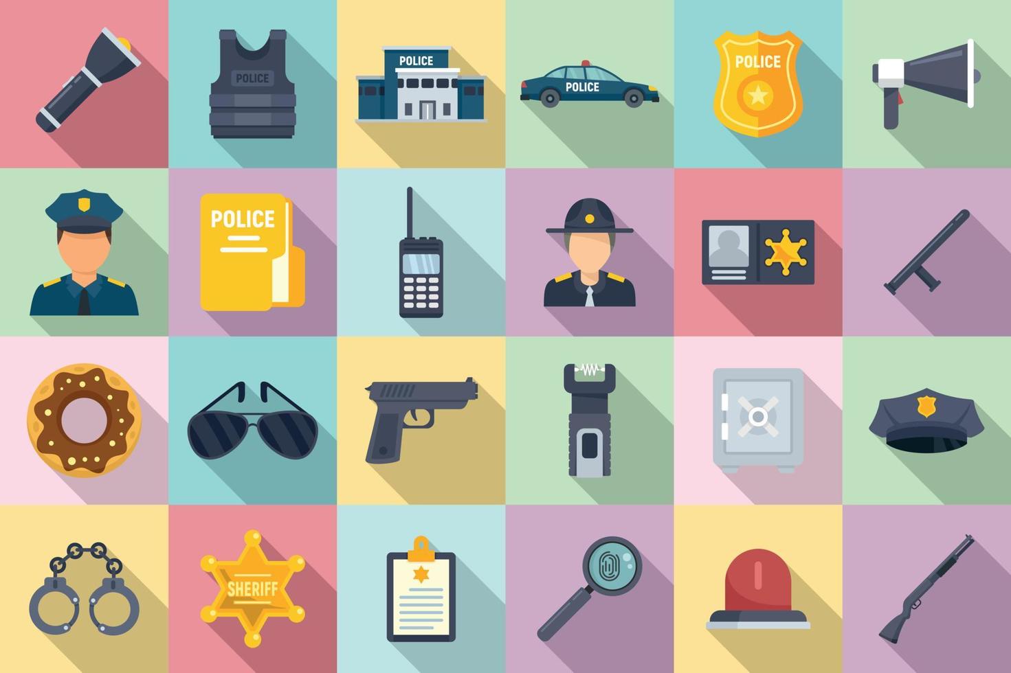 Police station icons set, flat style vector