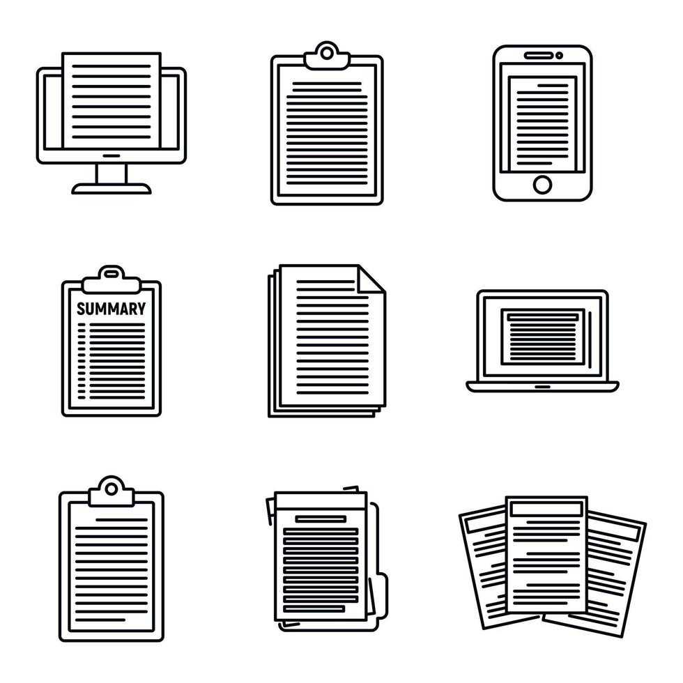 Summary text icons set, outline style vector