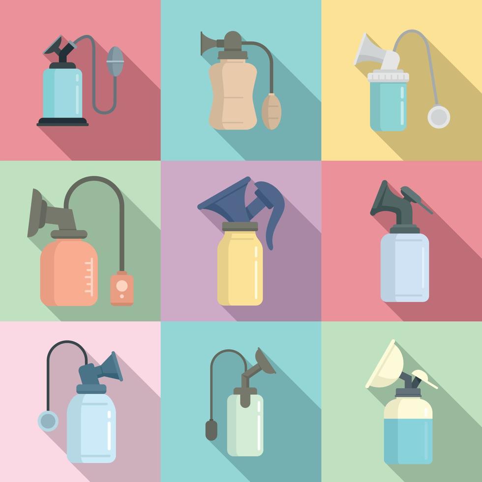 Breast pump icons set, flat style vector