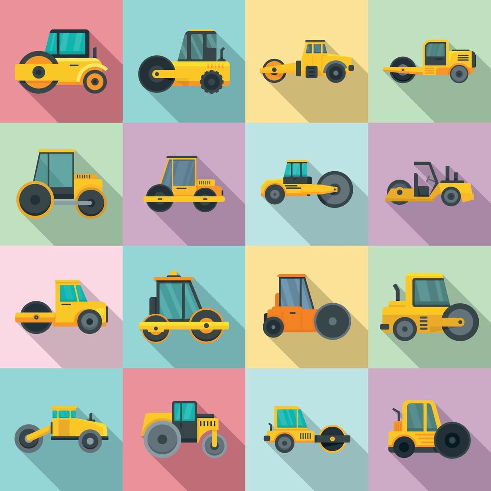 Road roller icons set, flat style vector