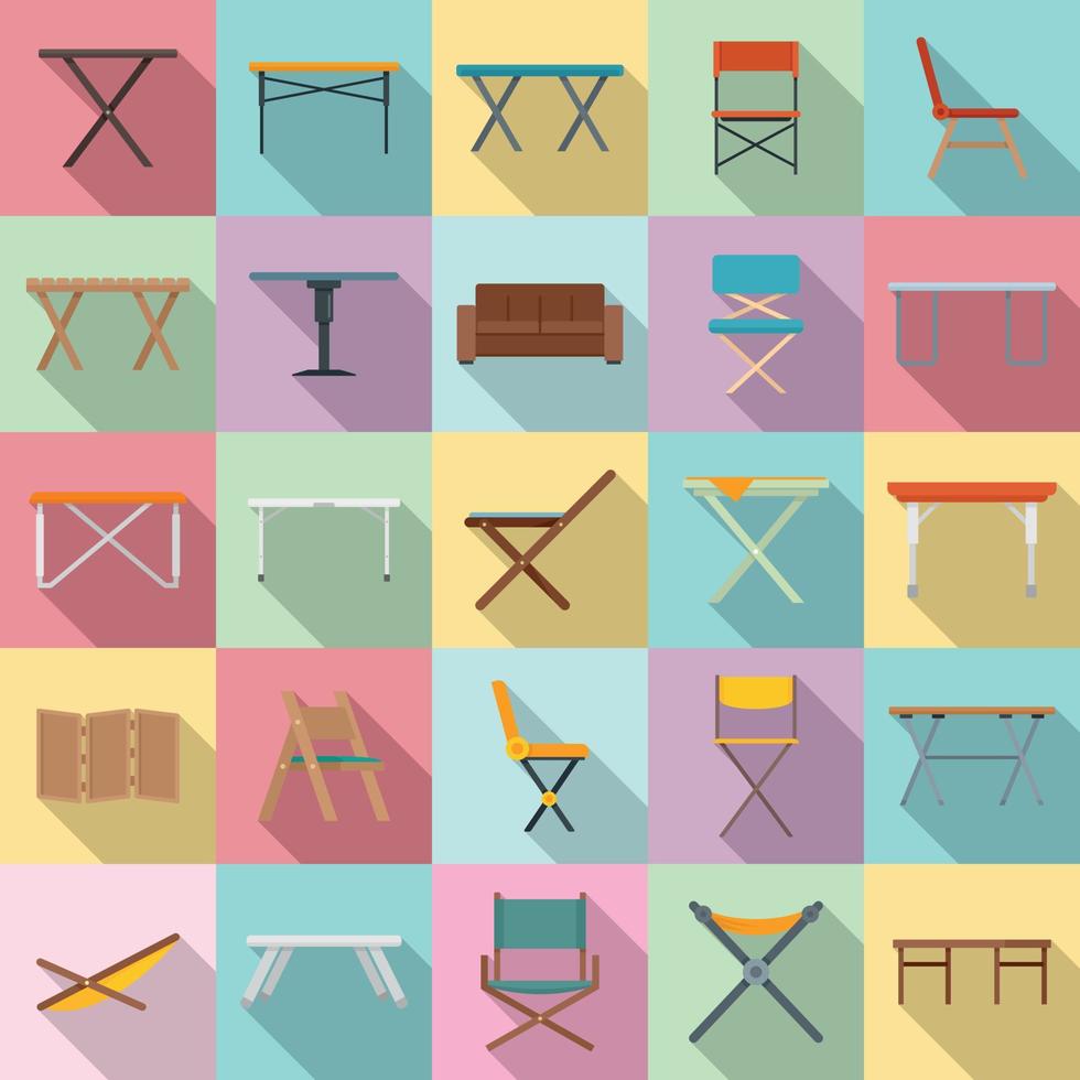 Folding furniture icons set, flat style vector