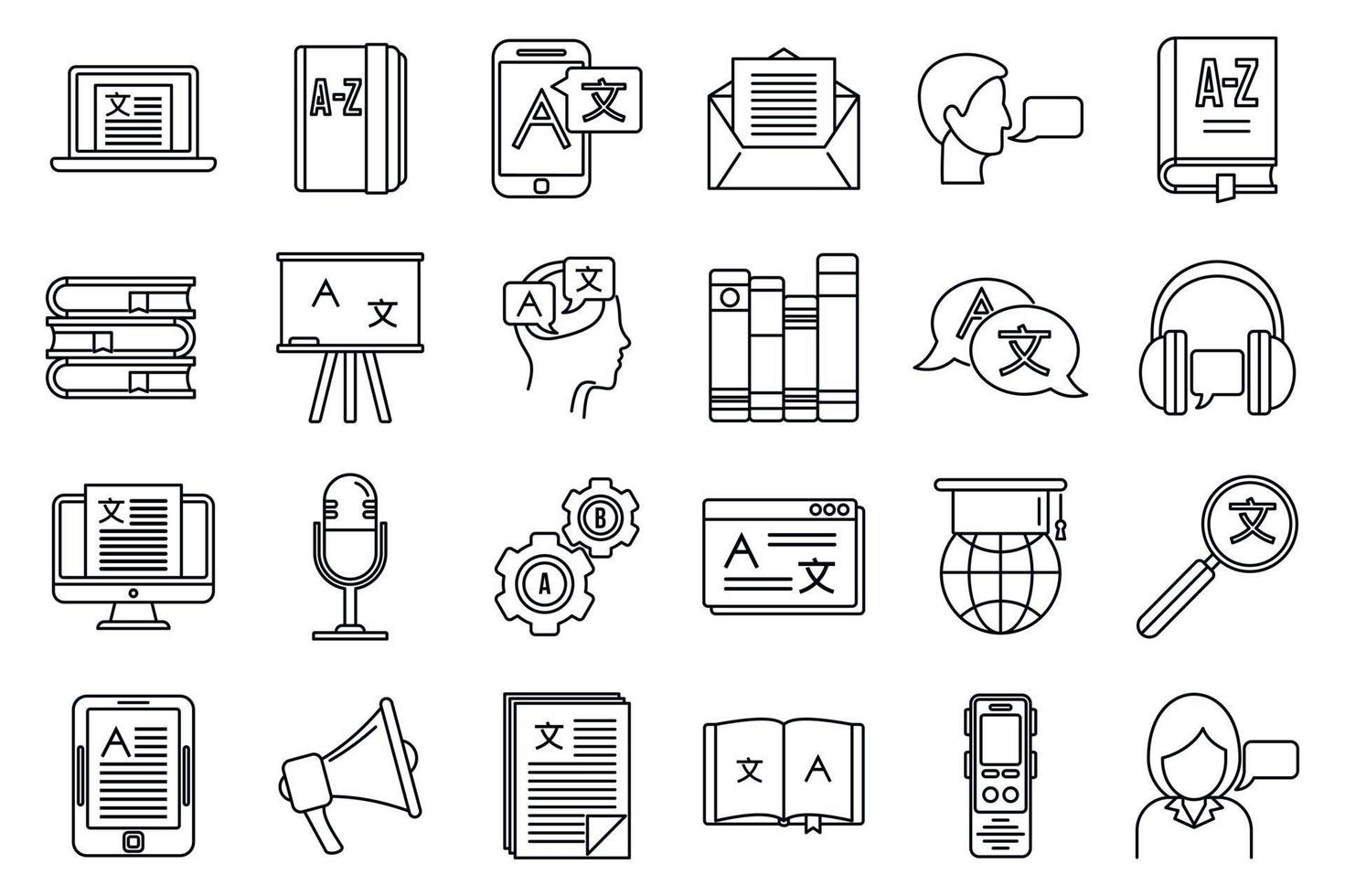 Linguist speak icons set, outline style vector