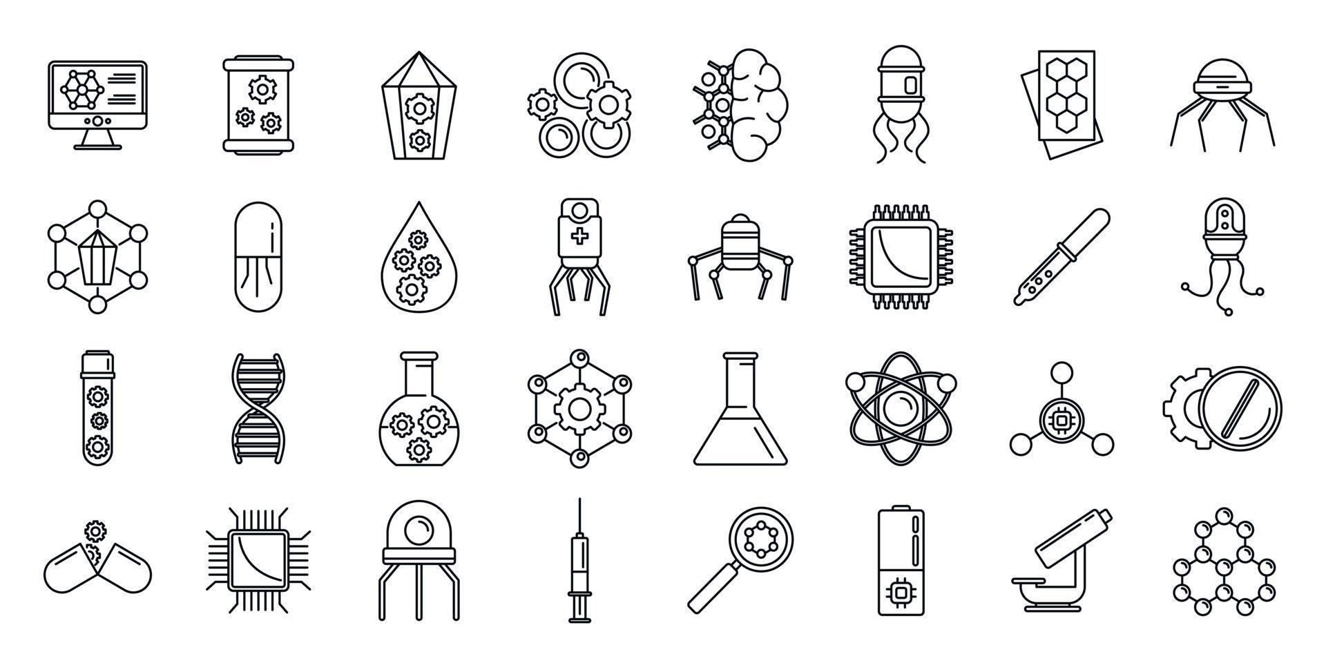 Nanotechnology science icons set, outline style vector