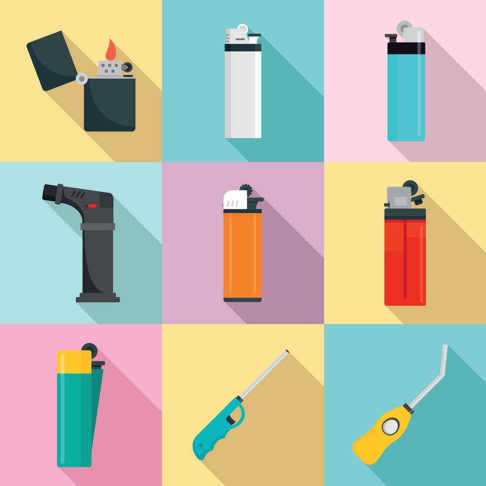 Cigarette lighter icons set, flat style vector