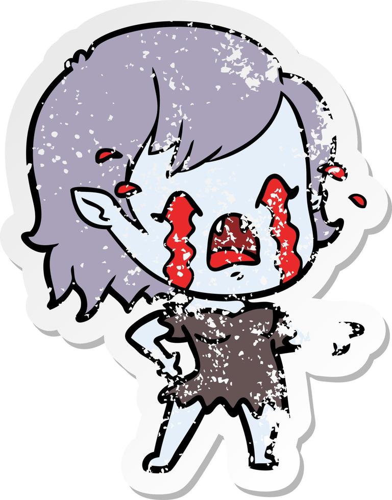 distressed sticker of a cartoon crying vampire girl vector