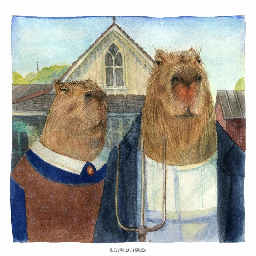 Capybara American Gothic traced watercolor illustration vector