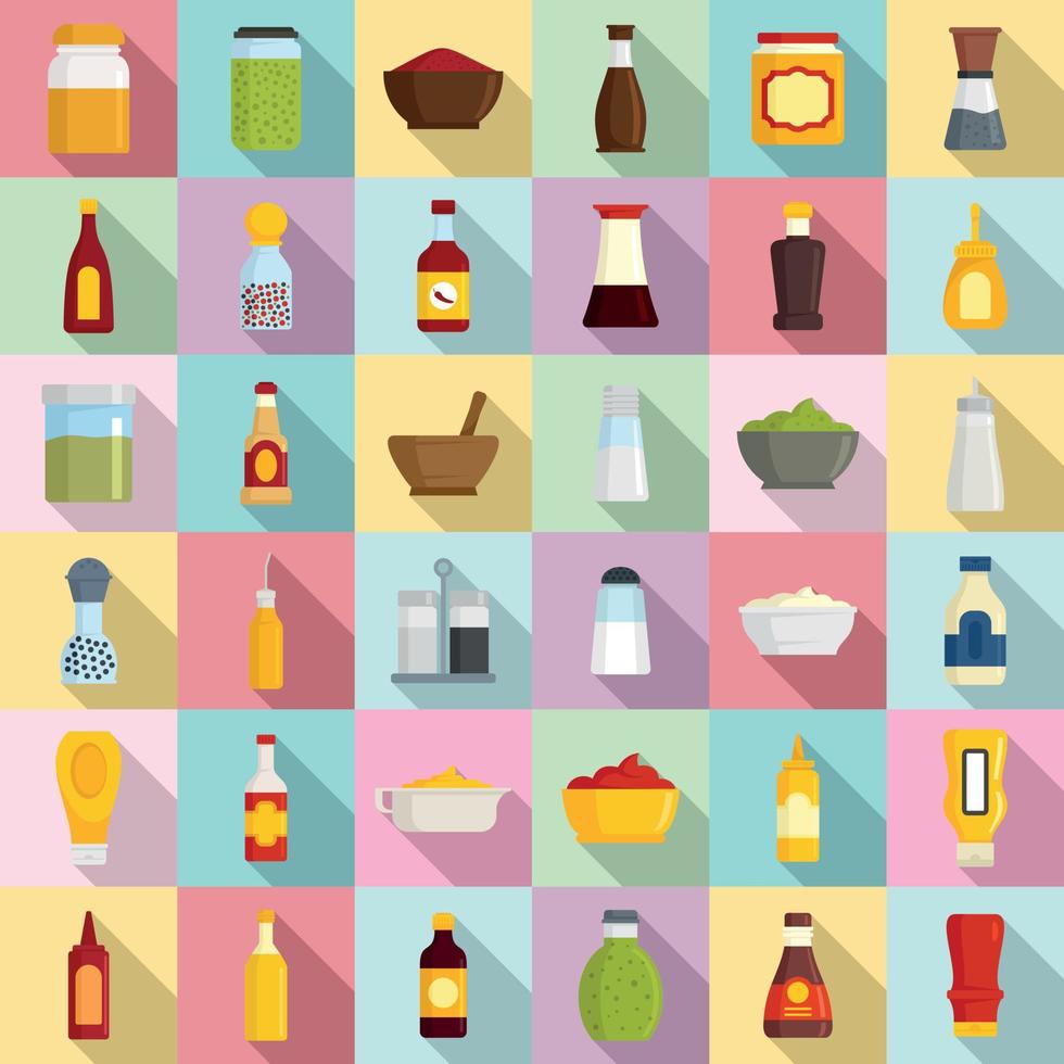 Condiment icons set, flat style vector