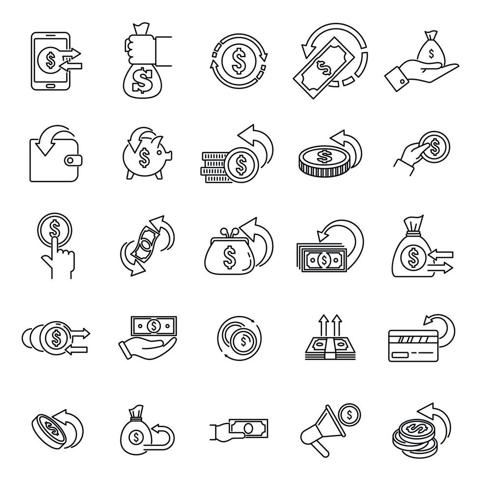 Cash back refund icons set, outline style vector