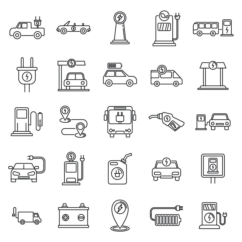 conjunto de iconos de coche de reabastecimiento eléctrico, estilo de esquema vector