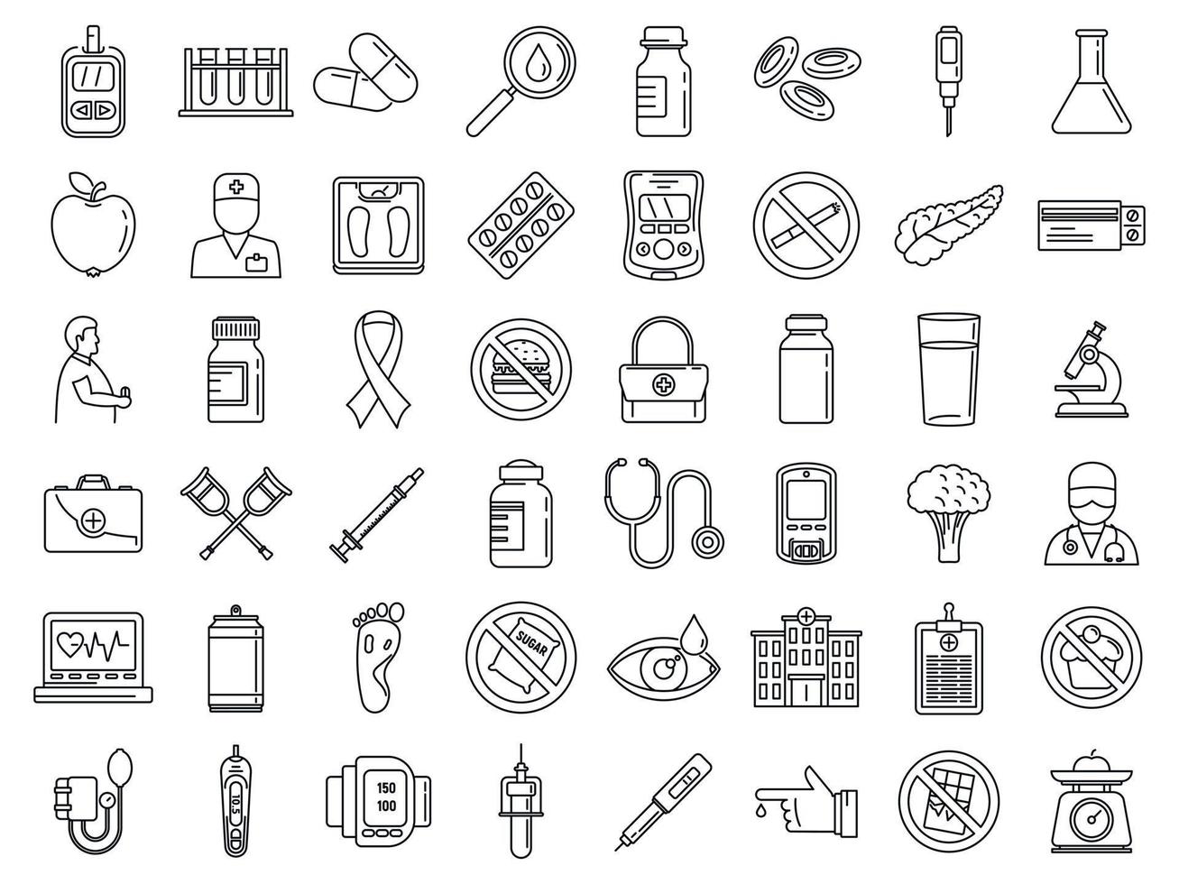Diabetes care icons set, outline style vector