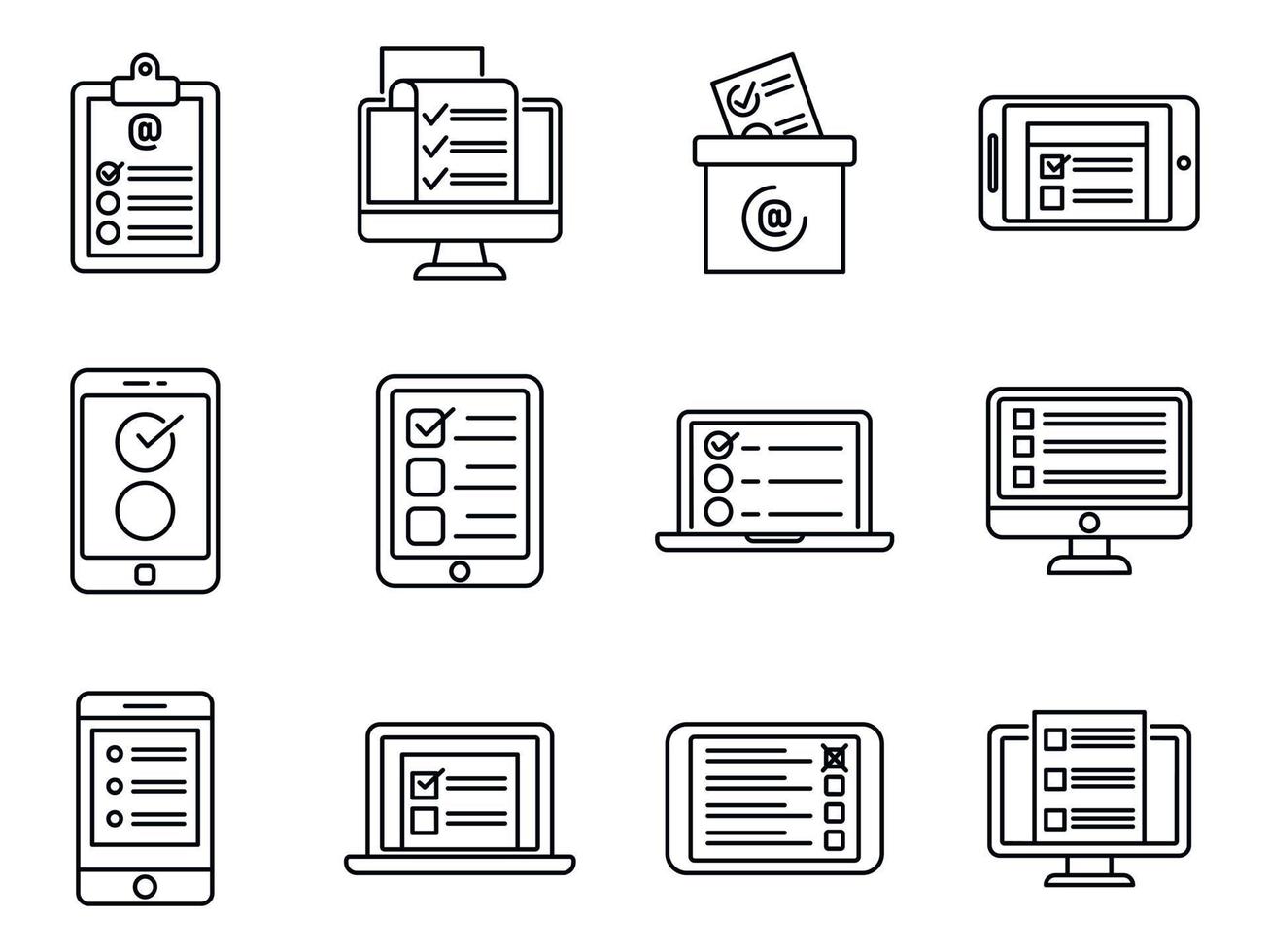 Online survey checklist icons set, outline style vector