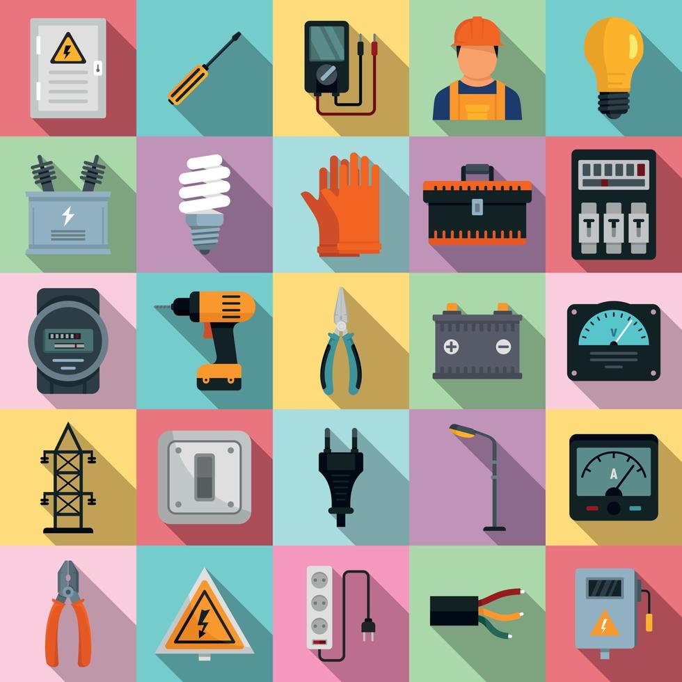 Electrician service icons set, flat style vector