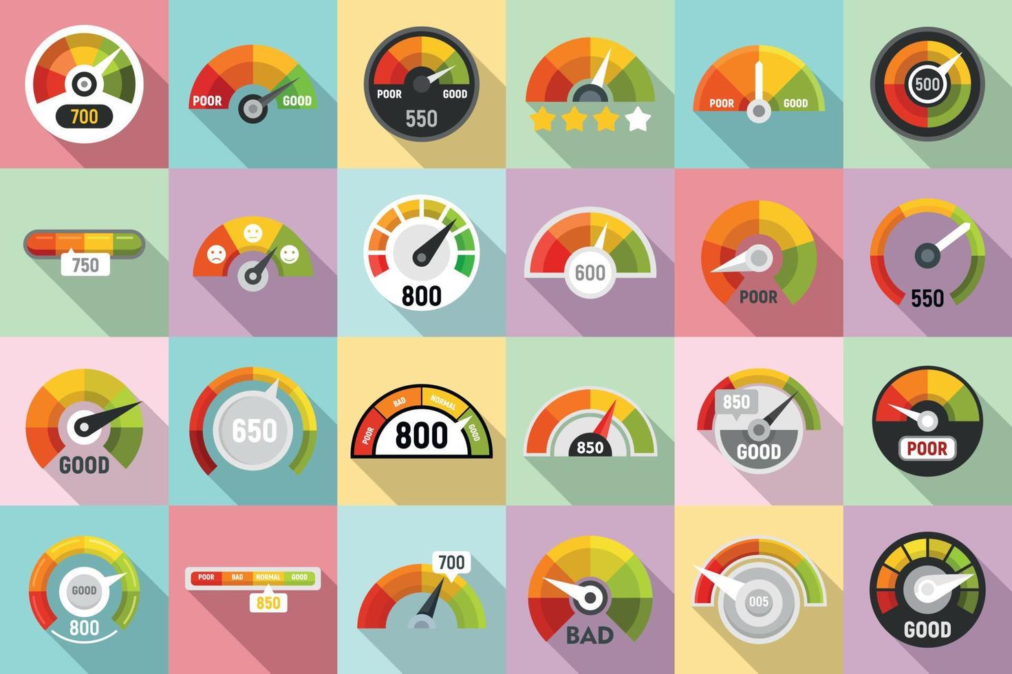 Credit score icons set, flat style vector