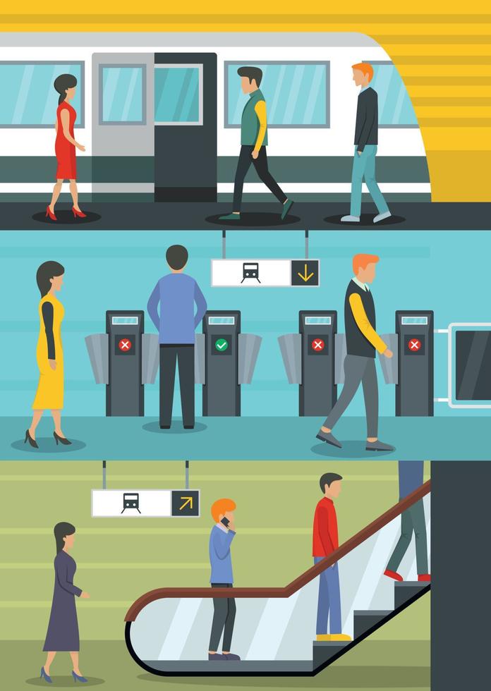 Subway station banner concept set, flat style vector