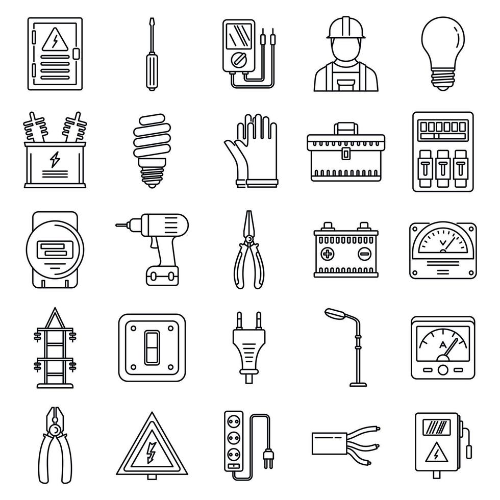 Safety electrician service icons set, outline style vector
