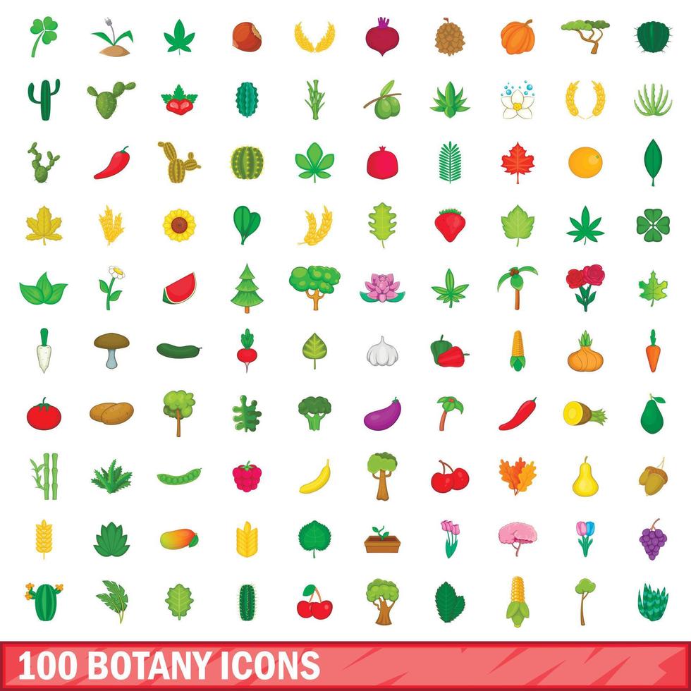 100 botany icons set, cartoon style vector
