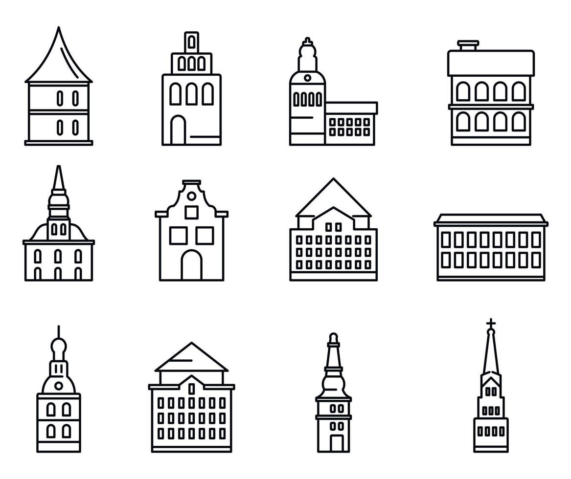 conjunto de iconos de riga letonia, estilo de esquema vector