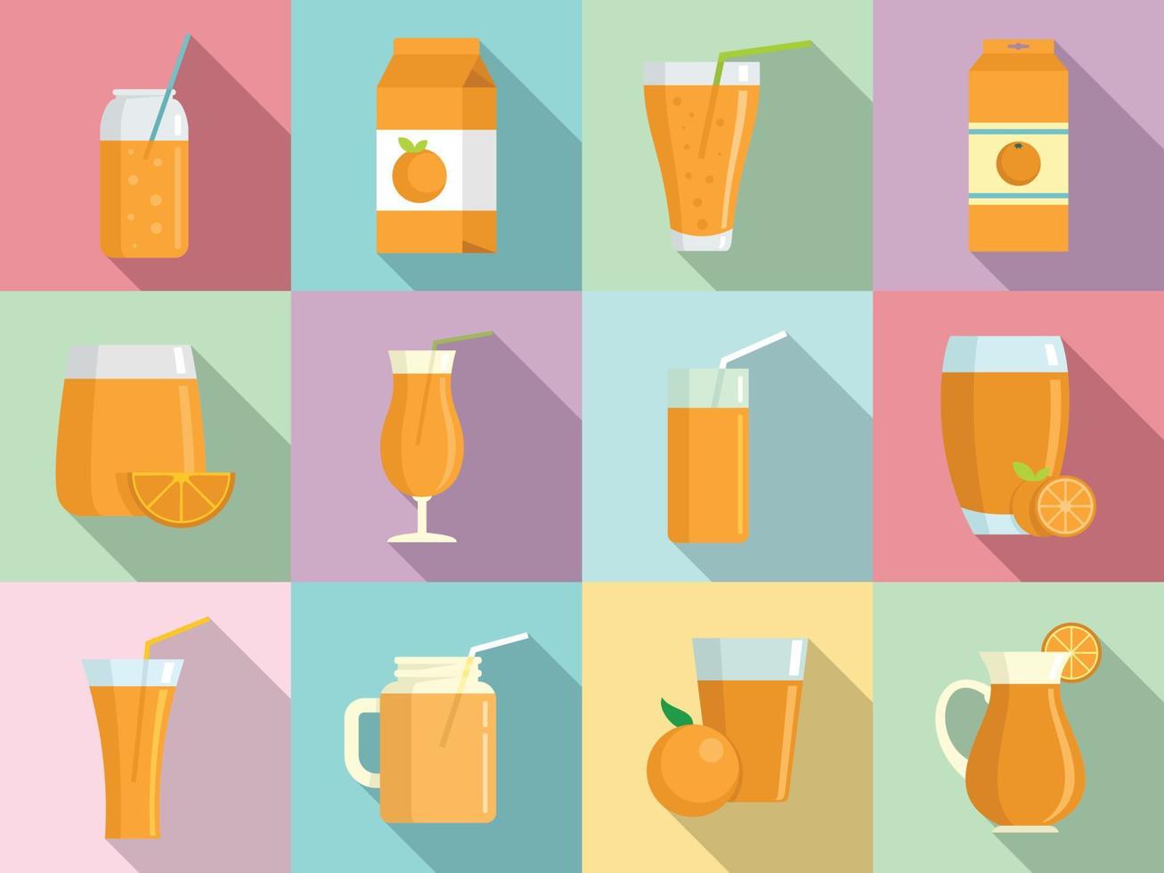 conjunto de iconos de jugo de naranja, estilo plano vector